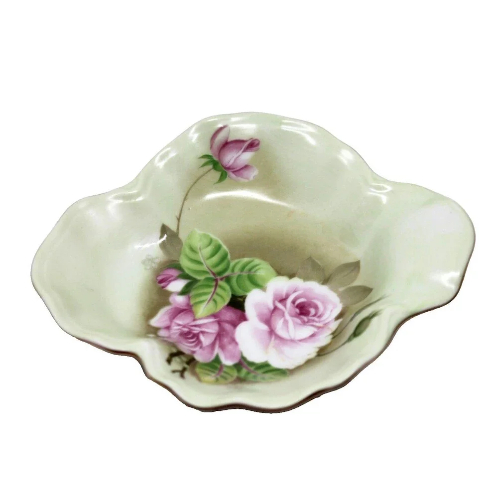 Lefton Bone China Heritage Green Cabbage Rose 1860 Candy Trinket Dish 05862